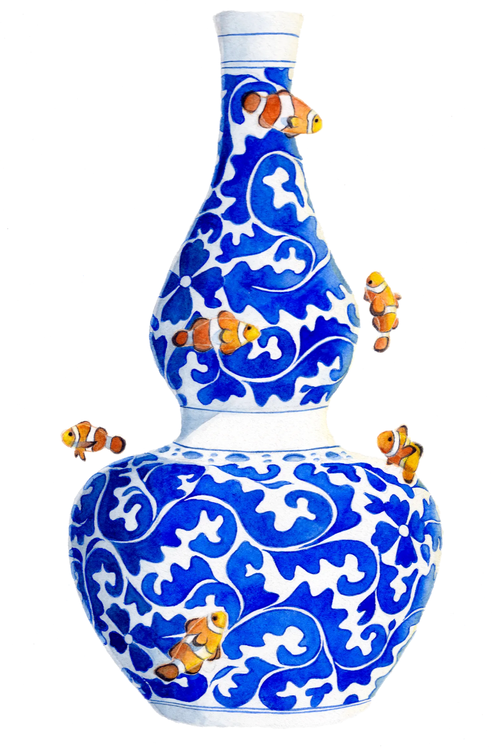 Vase double gourde en porcelaine bleue orné de poissons-clowns, aquarelle