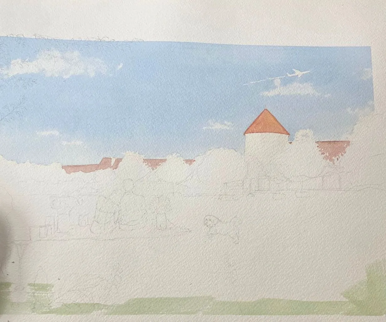 Aquarelle en cours : premières valeurs du ciel et du vert