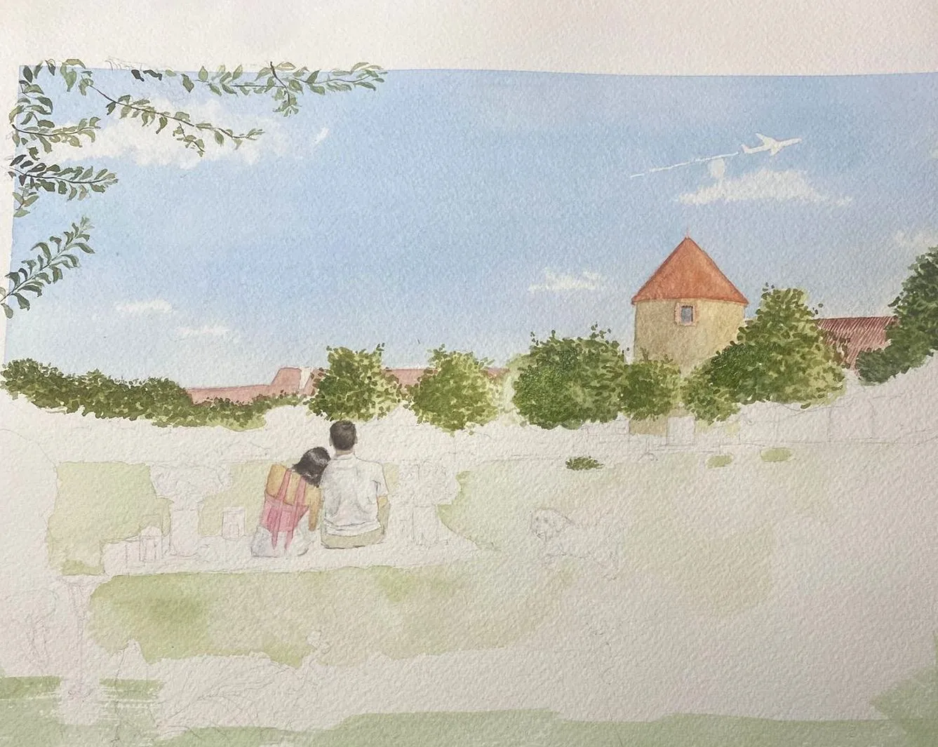 Aquarelle en cours : les arbres et le château se posent