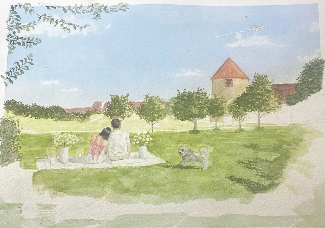 Aquarelle en cours : le couple et les détails arrivent