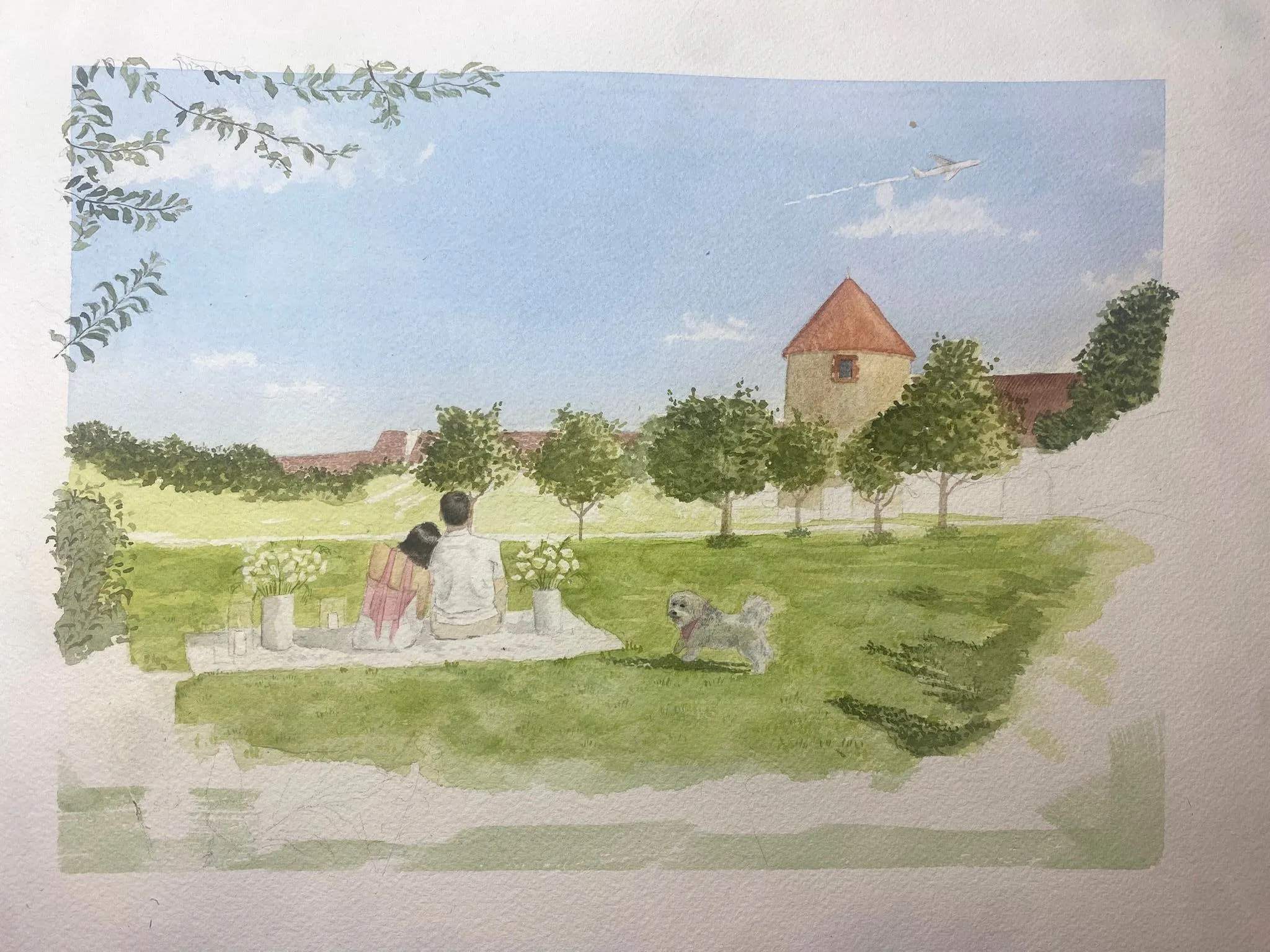 Aquarelle terminée du jardin fleuri, couple, chien et château