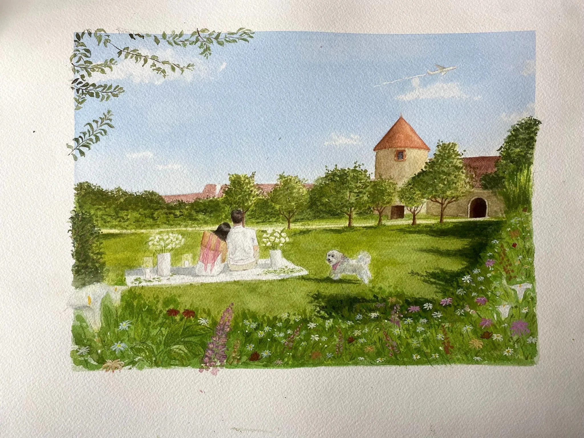 Aquarelle d’un couple en pique-nique dans un jardin fleuri devant un château, avec leur chien