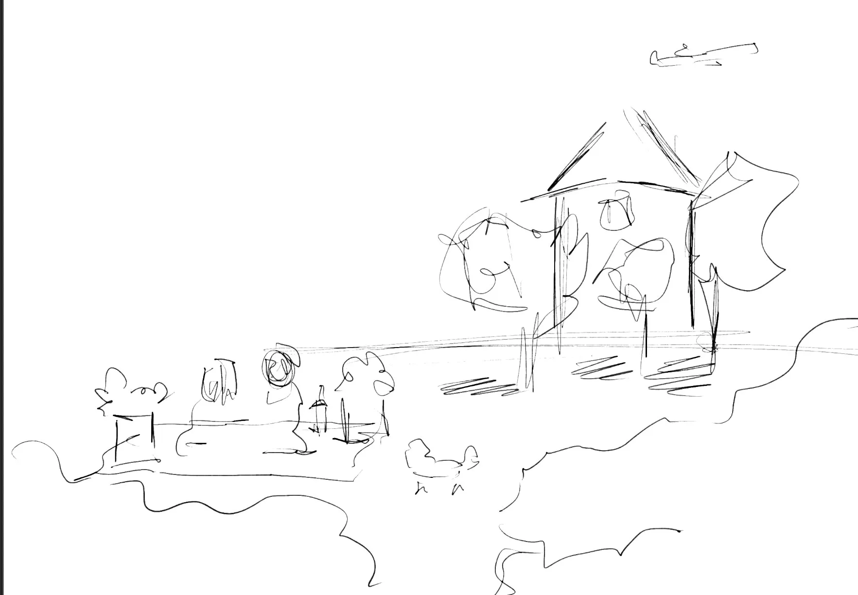 Premier croquis au crayon du faire-part, couple, château et avion