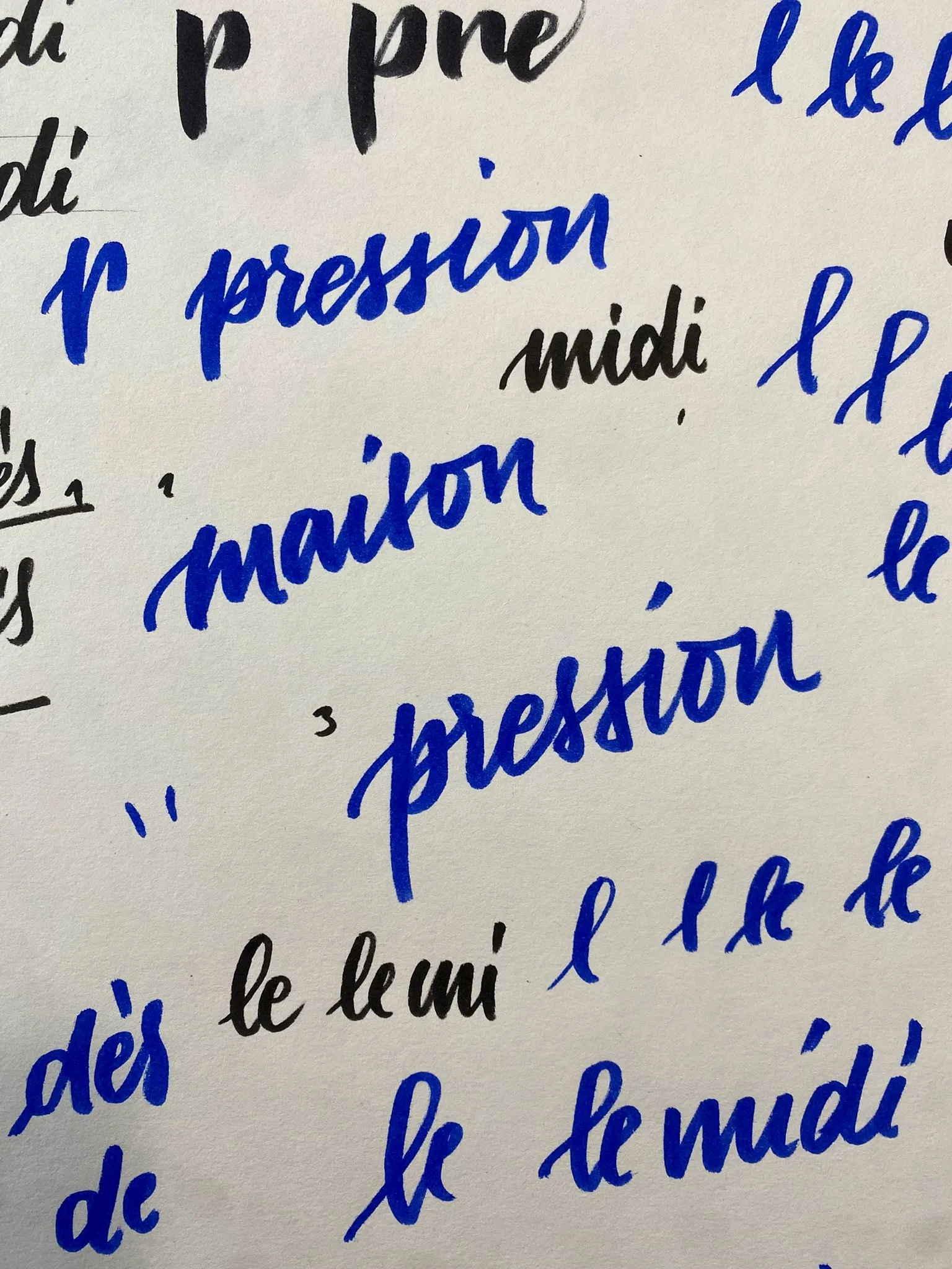 Feuille couverte d’essais : « pression », « maison », « le midi », « dès »