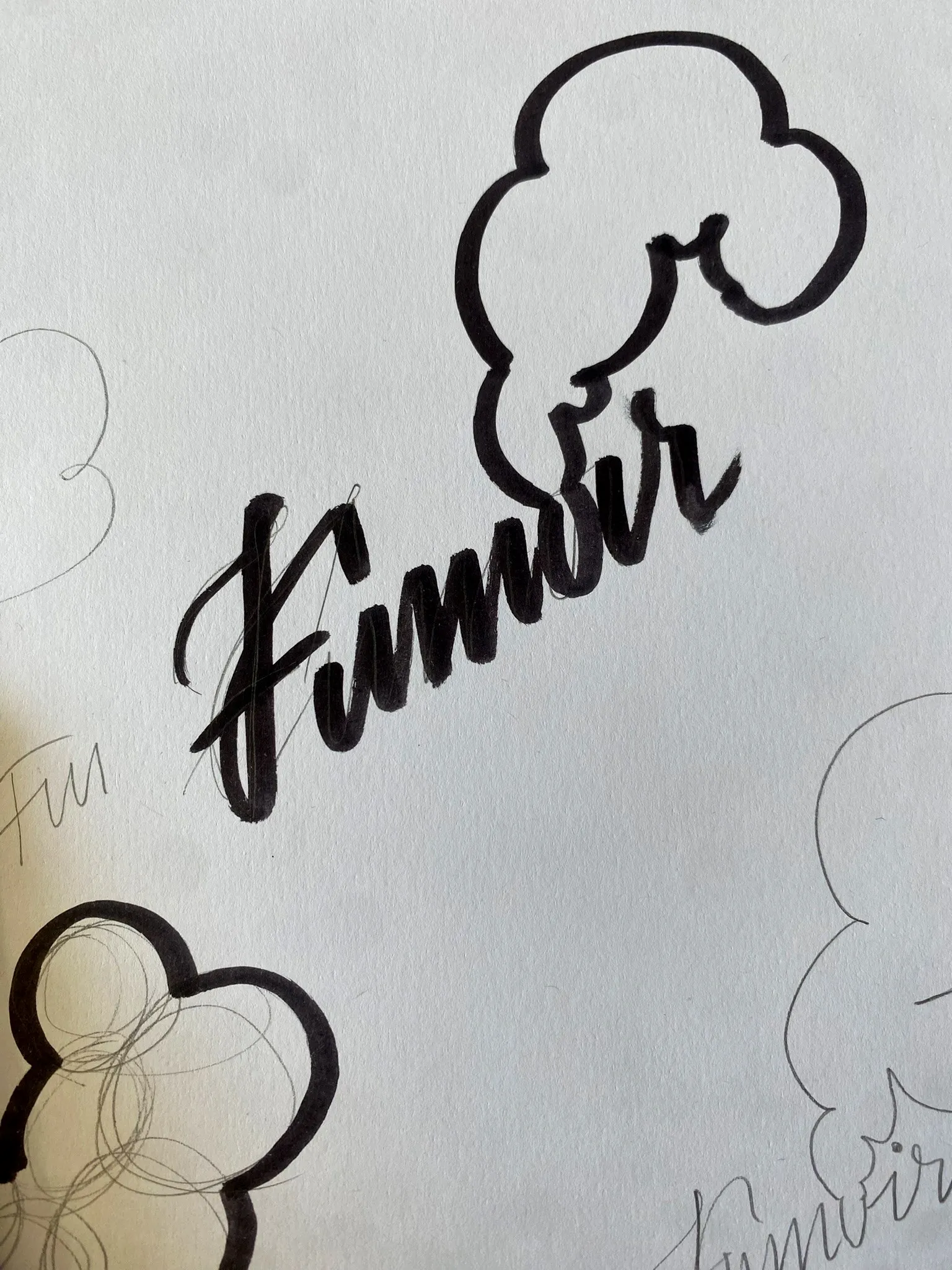 Essai calligraphié du mot « Fumoir » surmonté d’un nuage de fumée