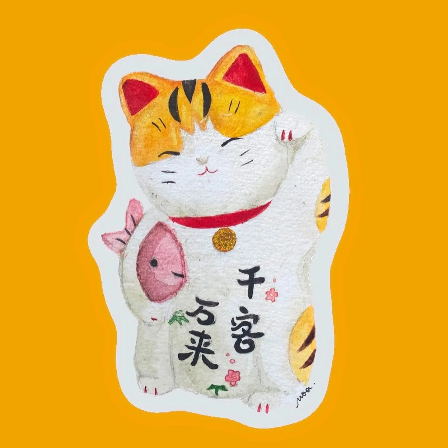 Chat porte-bonheur maneki-neko à l'aquarelle