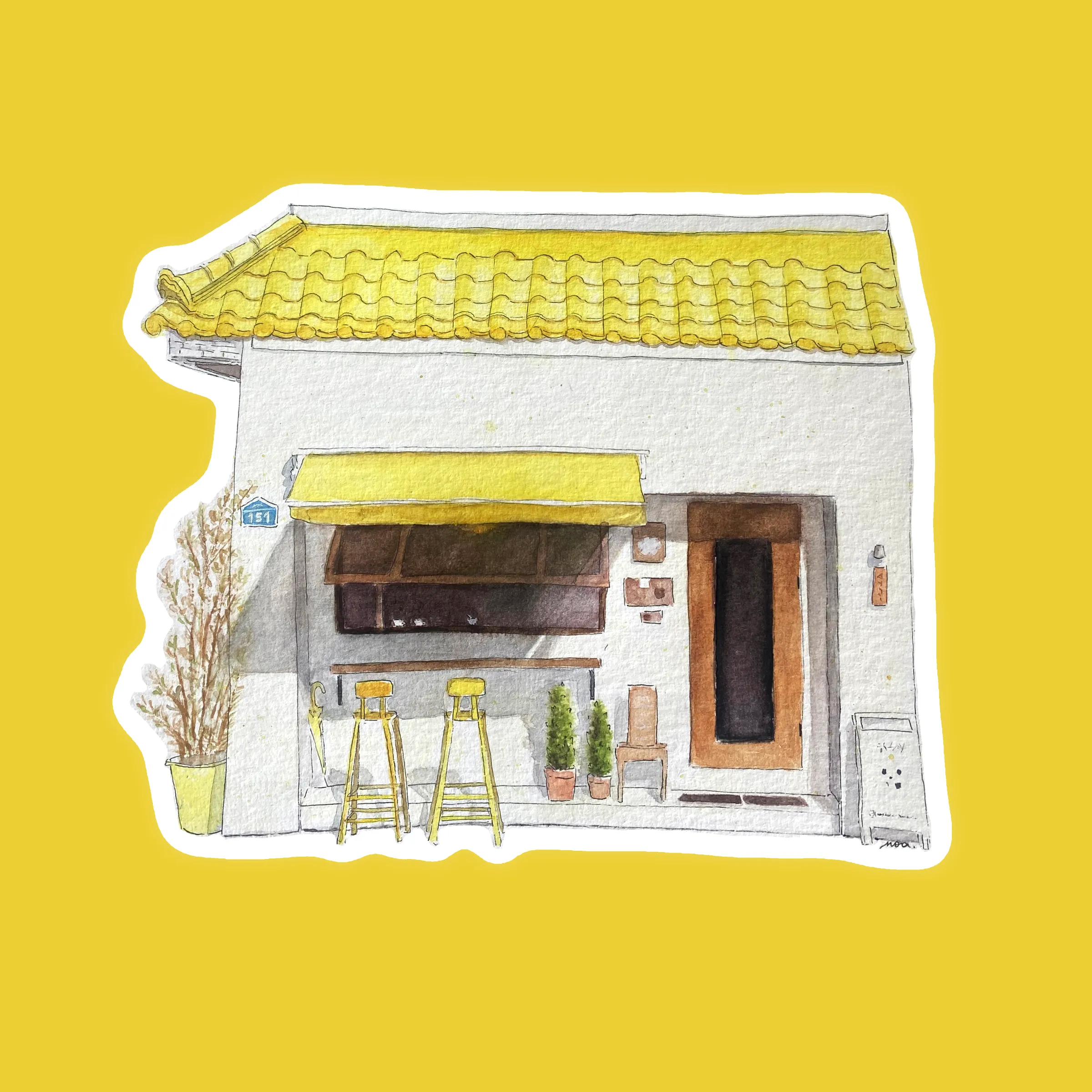 Devanture d'une petite boutique asiatique à store jaune, à l'aquarelle