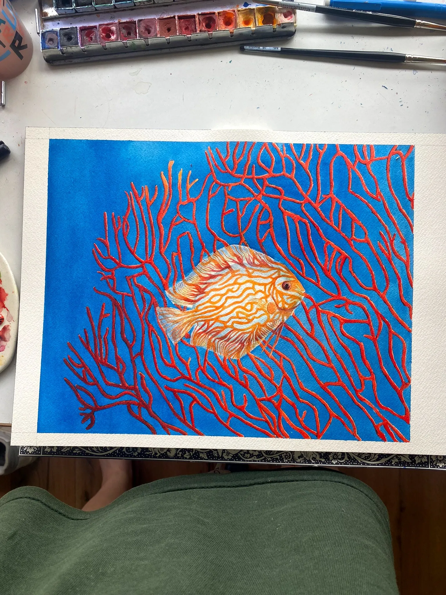 Poisson discus parmi des coraux rouges, aquarelle
