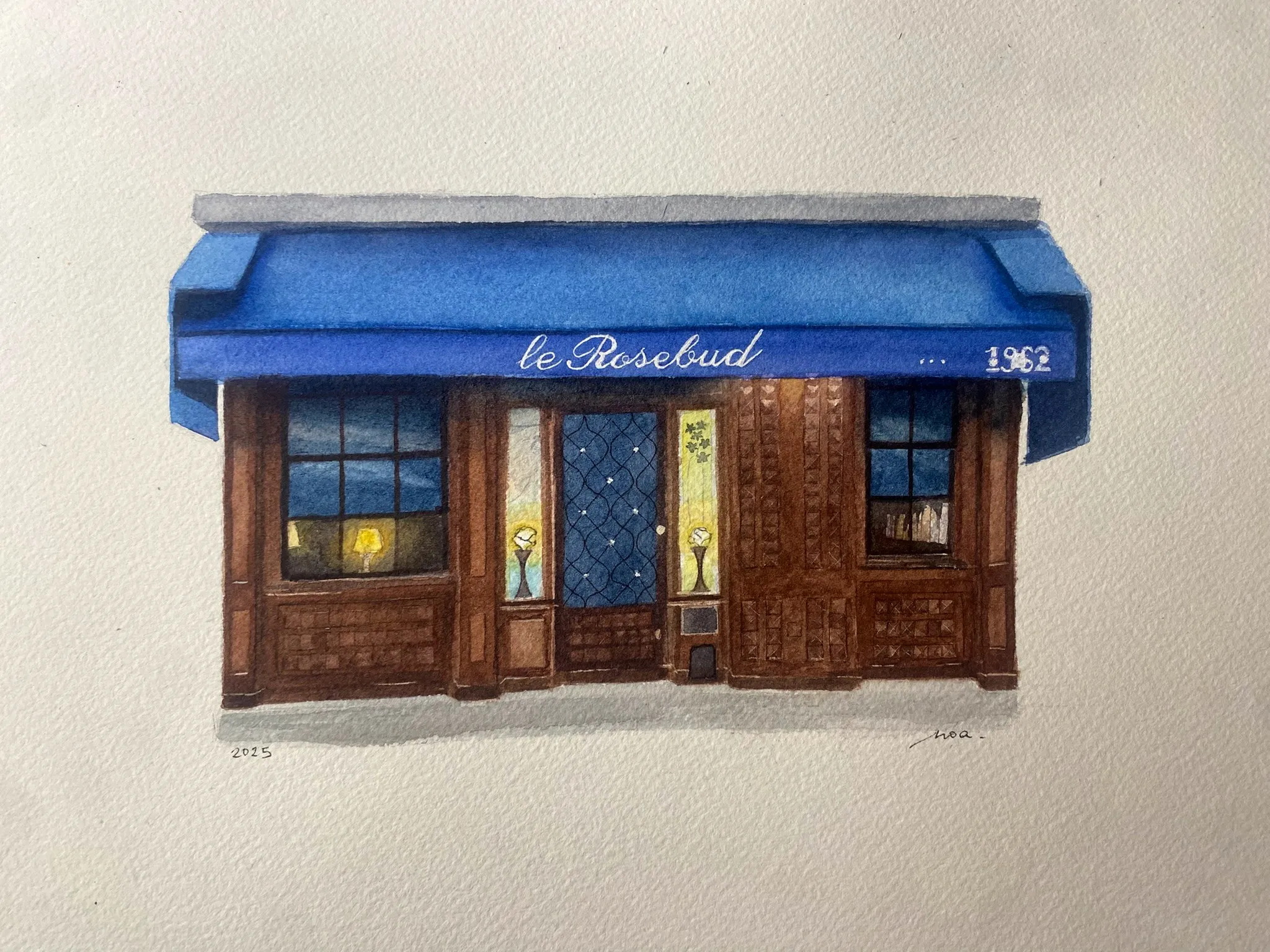 Façade du bar Le Rosebud à l'aquarelle