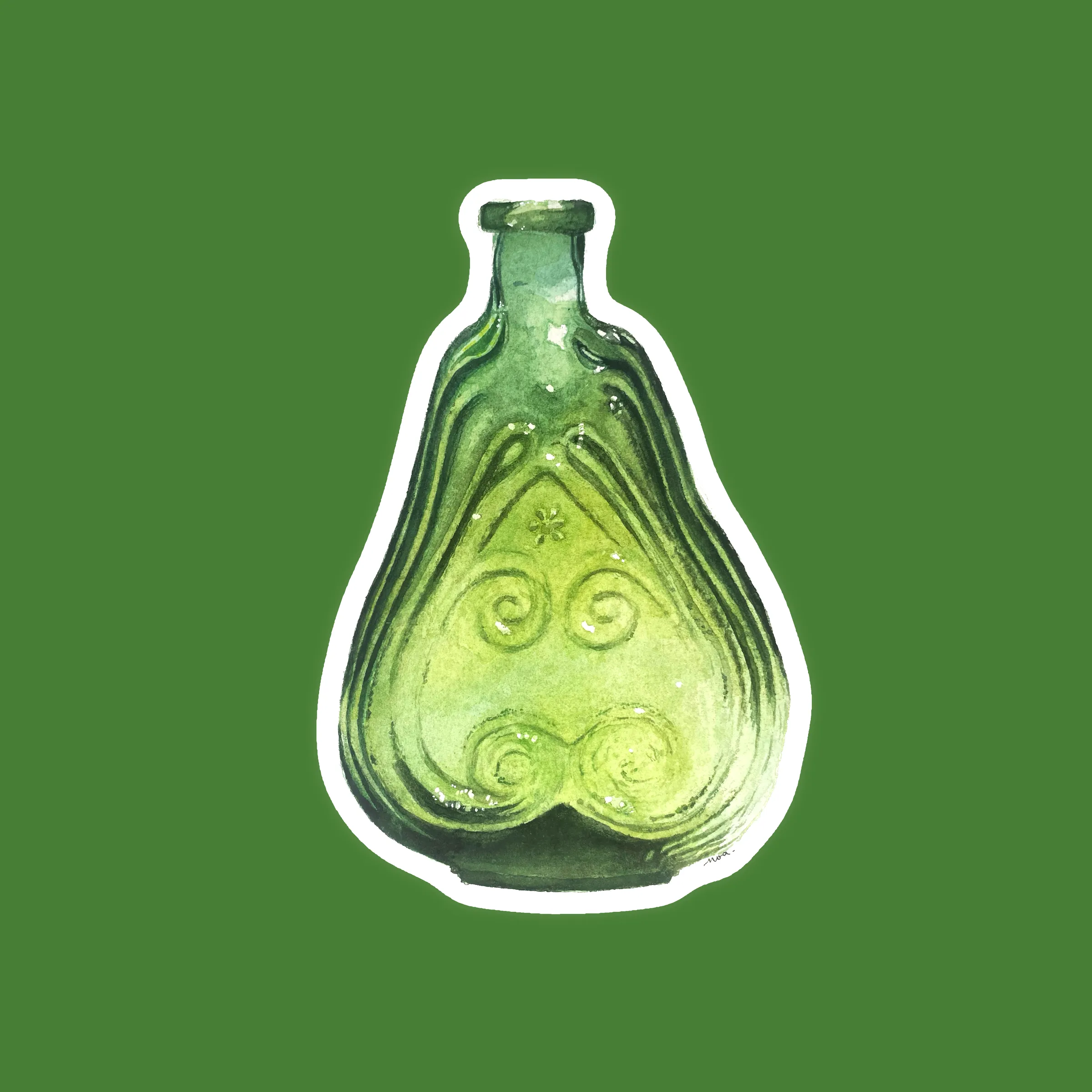 Bouteille en verre vert à spirales, aquarelle détourée