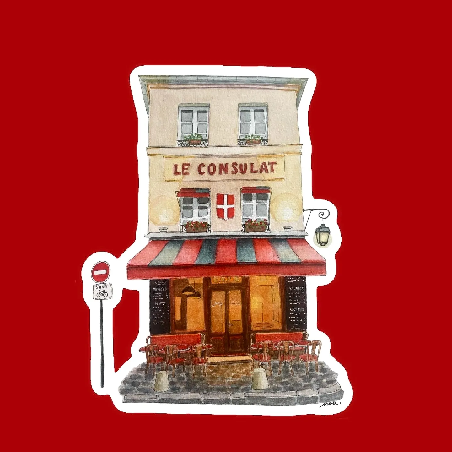 Façade du café Le Consulat à l'aquarelle
