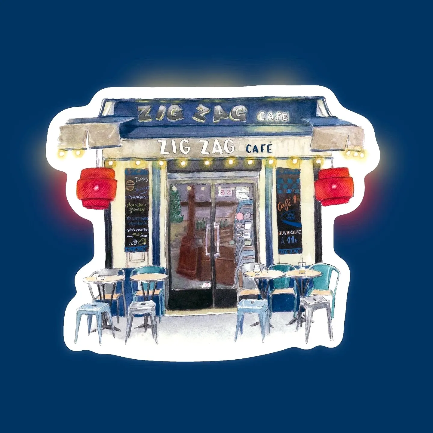 Façade du Zig Zag Café à l'aquarelle