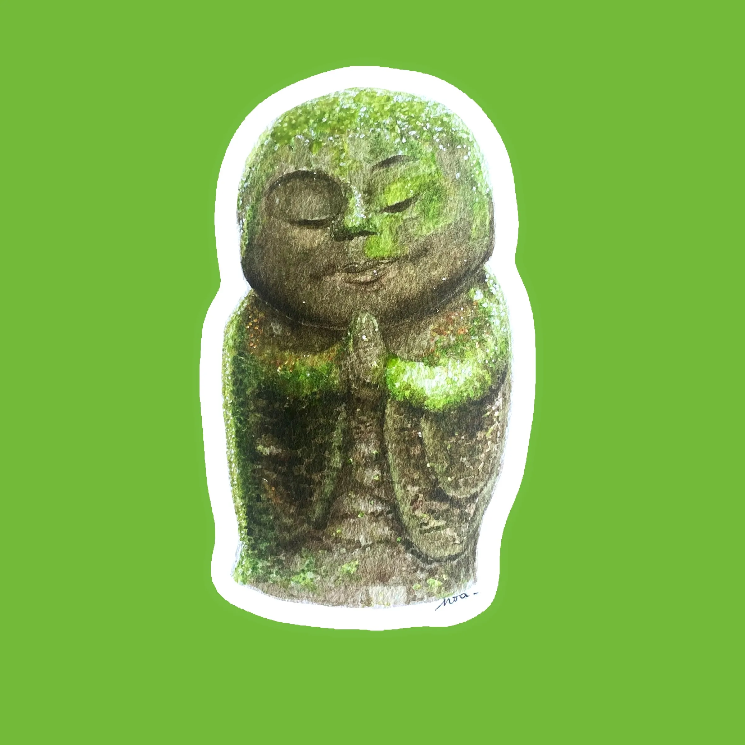 Statue Jizo moussue en prière, à l'aquarelle