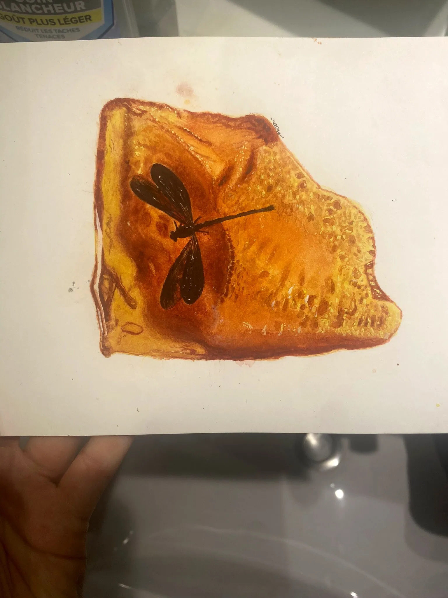 La libellule dans l'ambre peinte, sur le papier