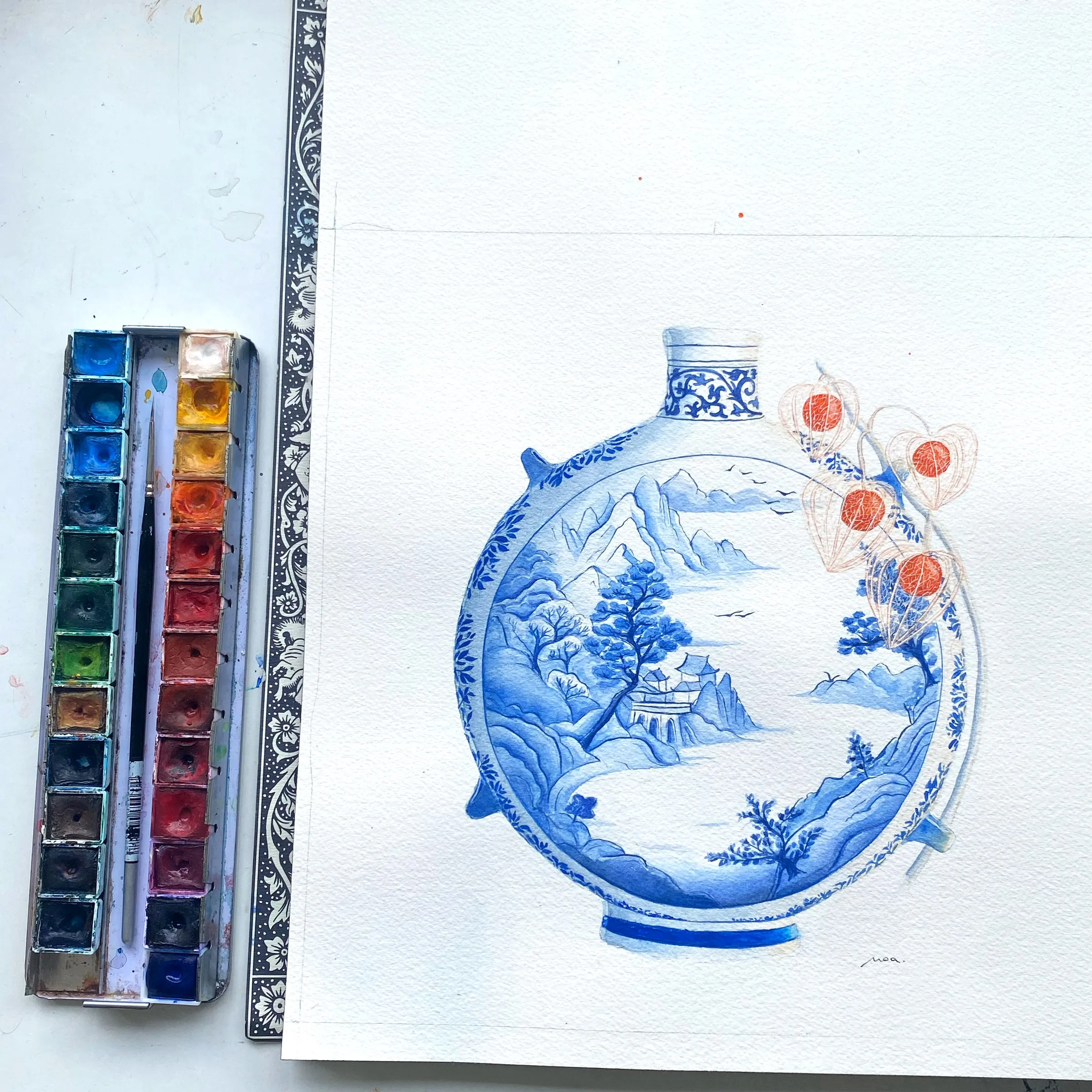 L'étude du vase avec la palette d'aquarelle